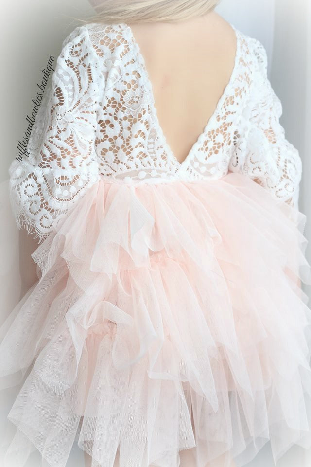 Veronica Soft White Eyelash 3/4 Sleeve Lace with a Peach Short Tutu Skirt - Princess Dress