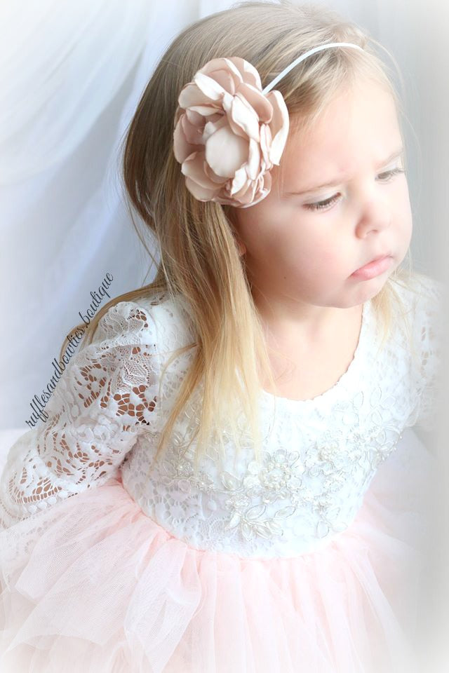 Veronica Soft White Eyelash 3/4 Sleeve Lace with a Peach Short Tutu Skirt - Princess Dress