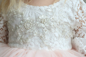 Veronica Soft White Eyelash 3/4 Sleeve Lace with a Peach Short Tutu Skirt - Princess Dress
