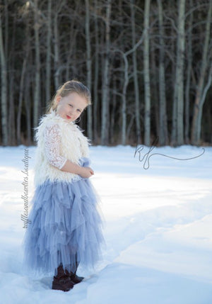 Veronica Soft White Eyelash Long Sleeve Lace with a Country Blue Long Tutu Skirt 