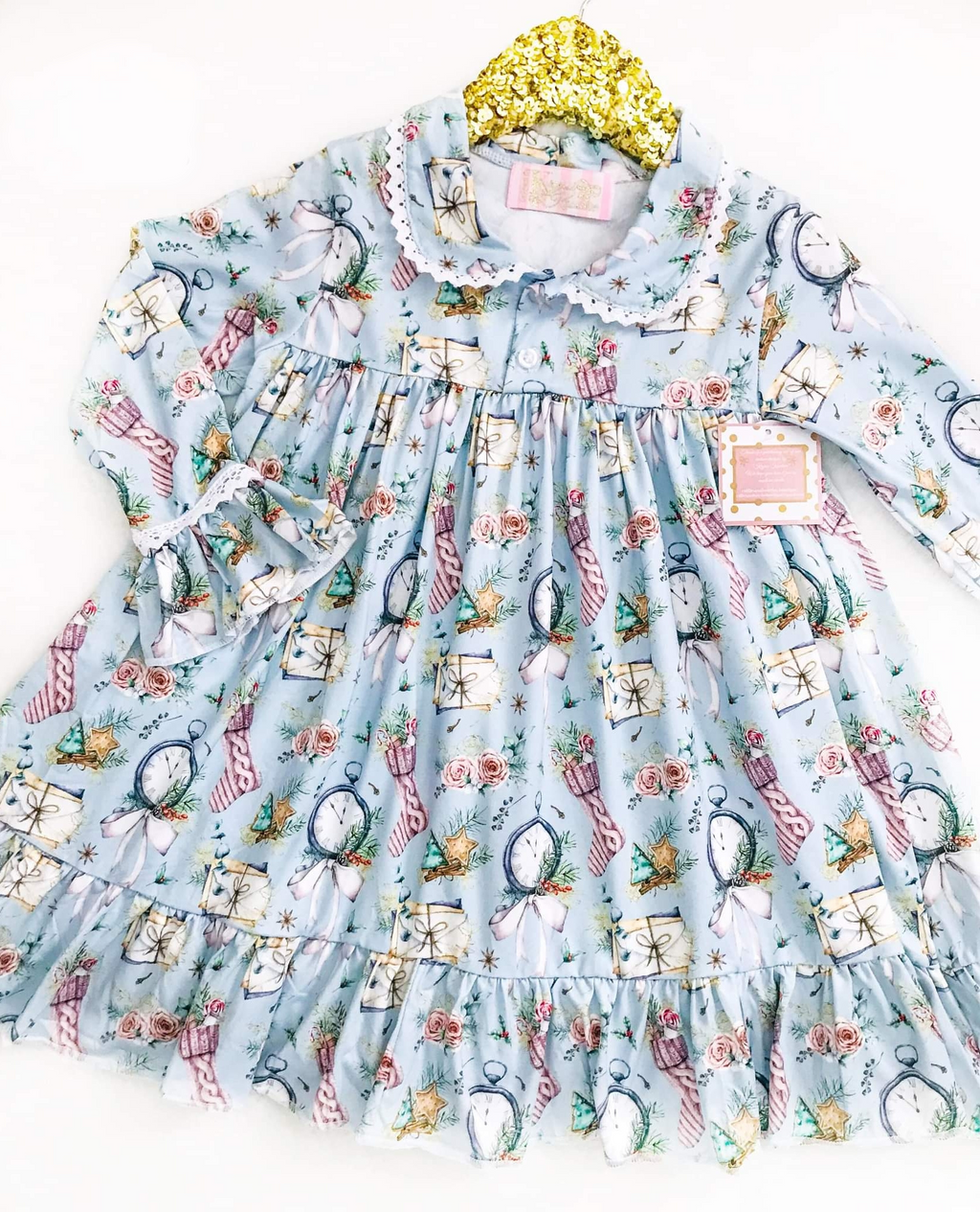 Girls Vintage Christmas Long Sleeved Night Gown - Vintage Christmas Stocking & Clock. Base is light blue colour.