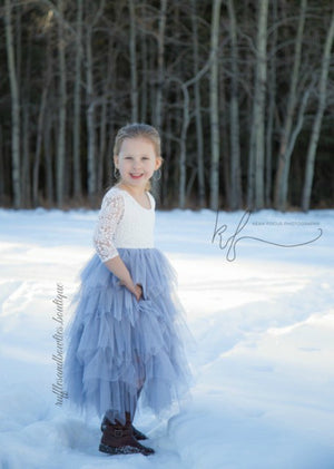 Veronica Soft White Eyelash Long Sleeve Lace with a Country Blue Long Tutu Skirt 
