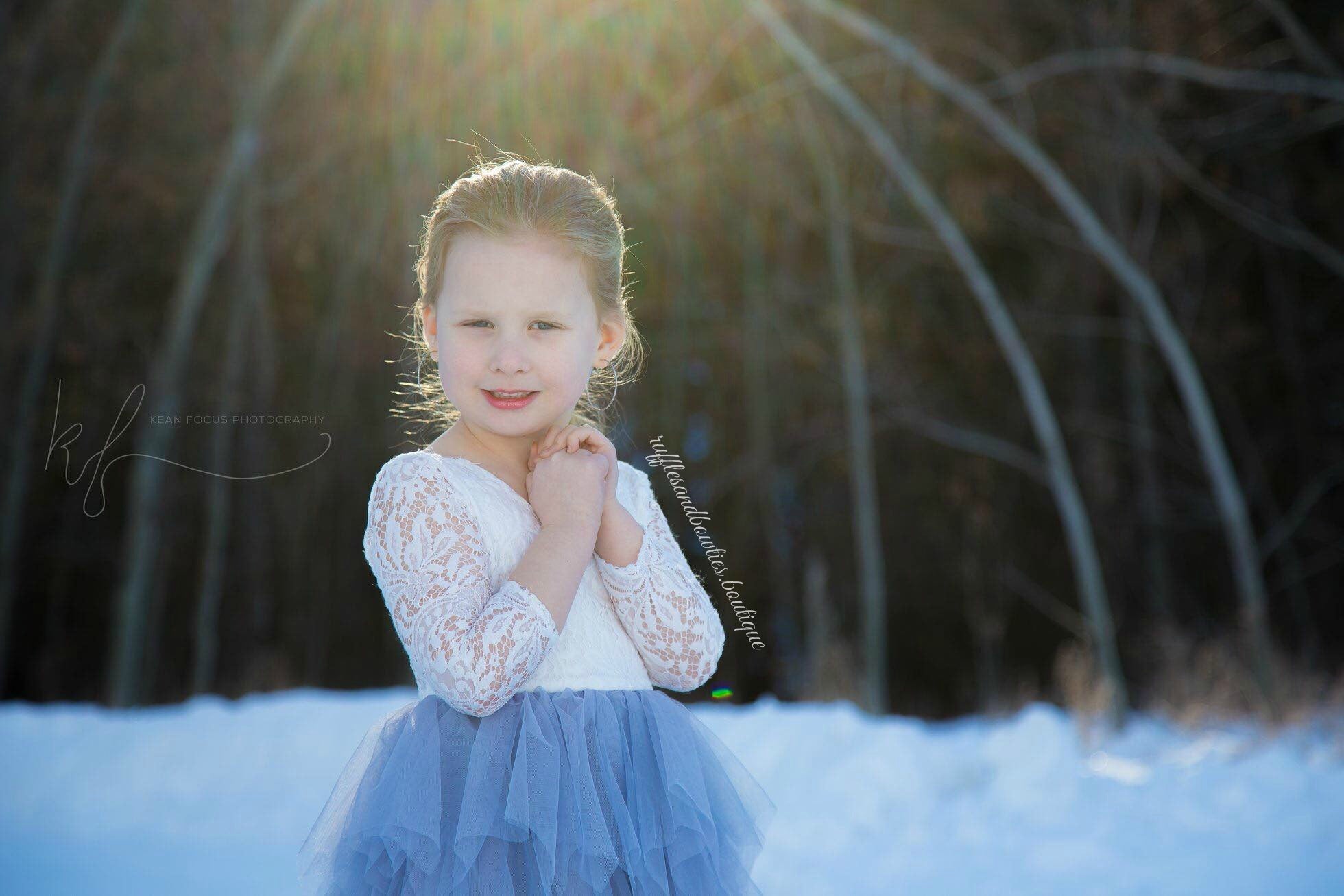 Veronica Soft White Eyelash Long Sleeve Lace with a Country Blue Long Tutu Skirt 