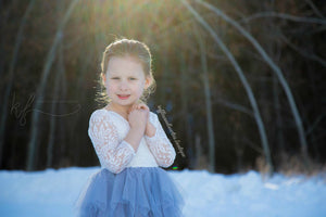 Veronica Soft White Eyelash Long Sleeve Lace with a Country Blue Long Tutu Skirt 