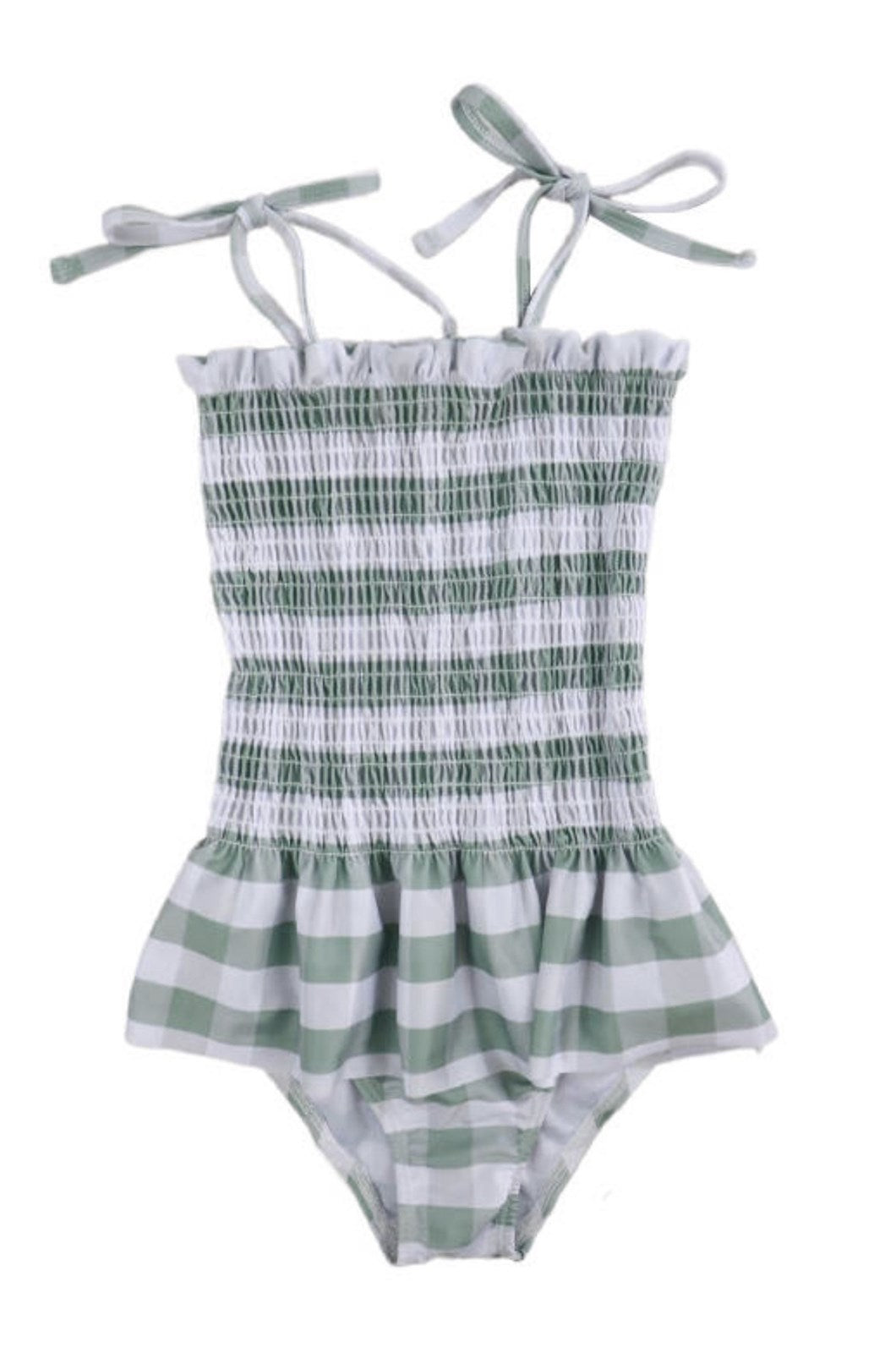 Girls Swimsuits - Green Checkered Stripe - 1 Pc Accordion