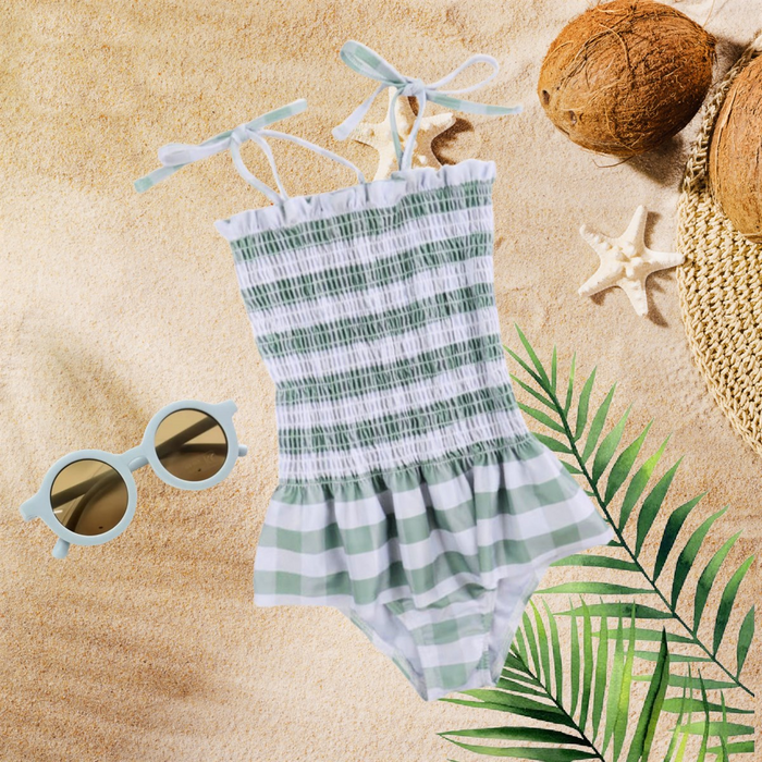 Girls Swimsuits - Ocean Green Checkered Stripe - 1 Pc Accordian