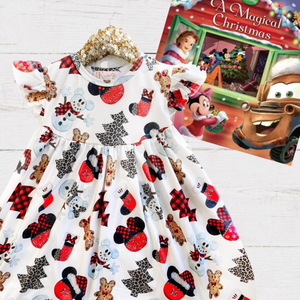 Girls Fun Vacation Character Dresses - Buffalo & Leopard Snowman. Includes stockings, cookies, trees, & snowmen