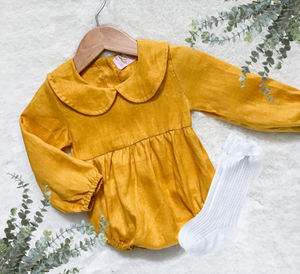 Rompers With Free Knee Highs - Mustard Linen Pan Collar. Knee high socks are a free gift, and may not be as shown - white knee high socks with bows