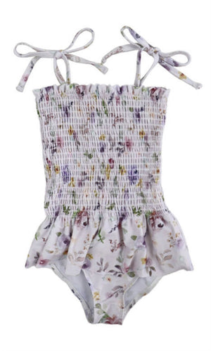 Girls Swimsuits - White With Rainbow Floral - 1 Pc Accordian