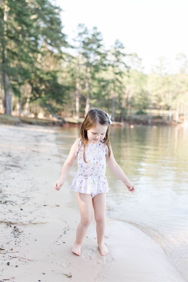 Girls Swimsuits - Tan Muted Floral - 1 Pc Accordion