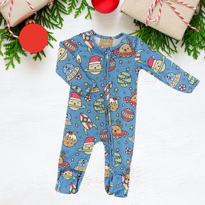 holiday zippies sleepers on blue with holiday planets. Holiday planets have hats, lights, baulbles, sweet treats, reindeers, and space ships.