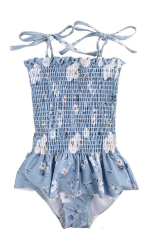 Girls Swimsuits - Country Blue Floral - 1 Pc Accordian
