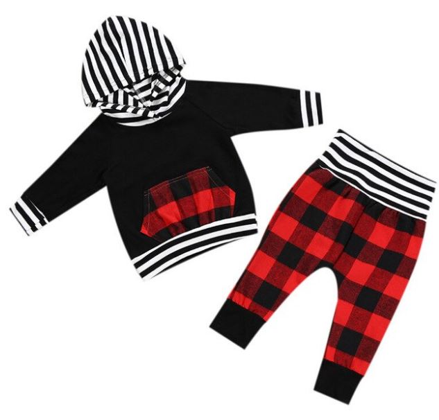 Girls and Boys Baby Bear Buffalo Plaid Pants & Hoodie set First Christmas Outfit