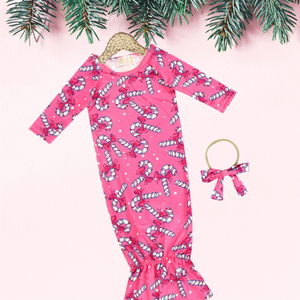 2 Pc Baby Holiday Pink Candy Canes Sleep Gown with Headband