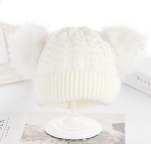 Kids Cream Cable 2 Pom Cream Faux Fur Pom Hat - 2