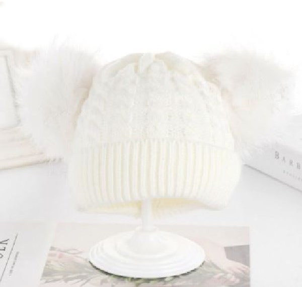 Kids Cream Cable 2 Pom Cream Faux Fur Pom Hat - 2