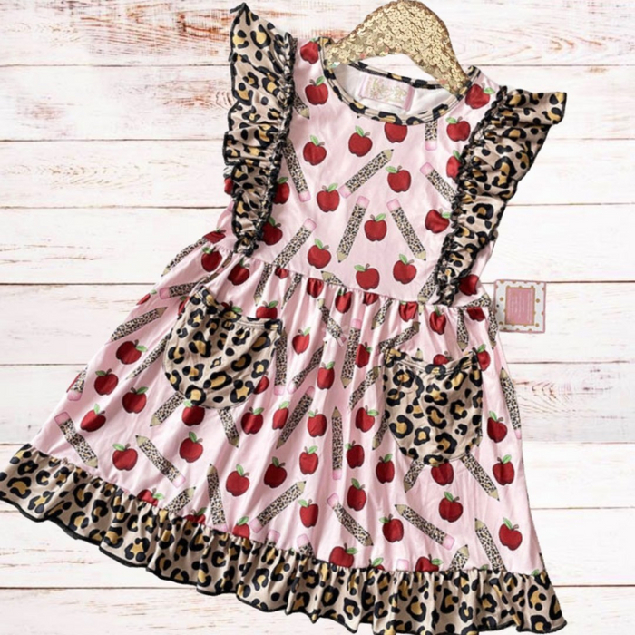 Girls Pink Apple Leopard Pencil Dress