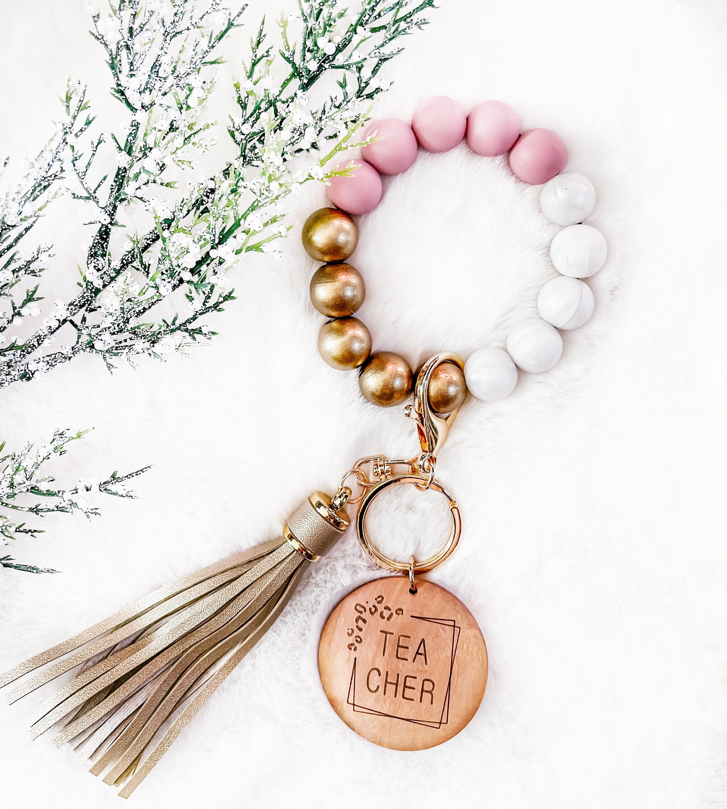 Trending Bright Pink & Ivory Bracelet Key Chain - Teacher