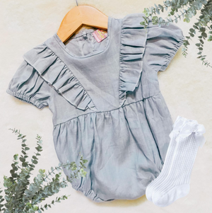 Rompers With Free Knee Highs - Ice Blue Ruffle Romper. Knee high socks are a free gift with purchase, it may not be as shown - White Knee High Sock with Bows