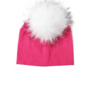 Kids Hot Pink Knit White Pom Faux Fur Pom Hat - 30
