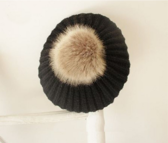 Kids Black Tan Faux Fur Pom Hat - 32
