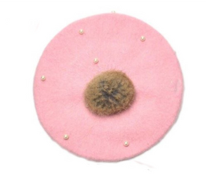 Kids Pink Pearl Tan Faux Fur Pom Hat