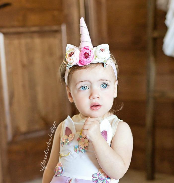 Girls Sweet Pastel Floral Unicorn Head Band