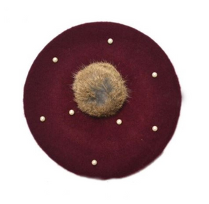 Kids Burgundy Pearl Faux Fur Pom Hat