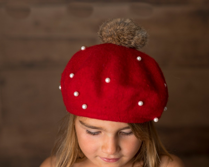 Kids Burgundy Pearl Faux Fur Pom Hat