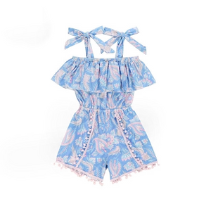 Girls Paisley Tie Straps Pom Romper