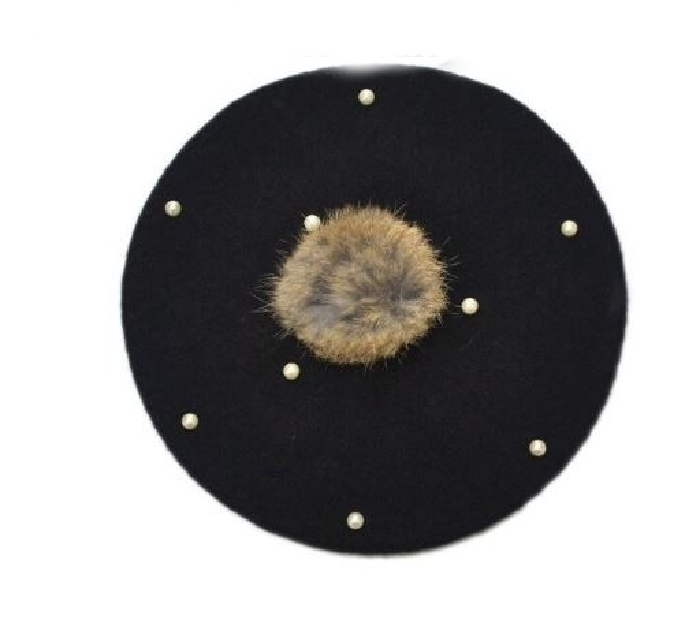 Kids Black Pearl Tan Faux Fur Pom Hat