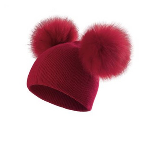 Kids Red 2 Pom Red Faux Fur Pom Hat - 36