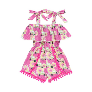 Girls Pink Summer Car Pom Romper
