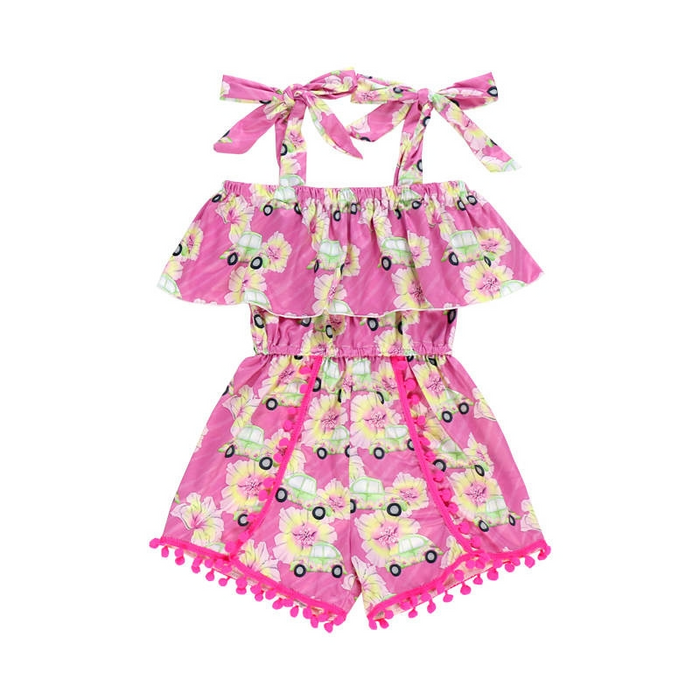 Girls Pink Summer Car Pom Romper