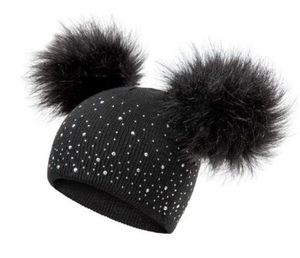 Kids Black Sparkle 2 Pom Faux Fur Pom Hat