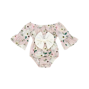 Kryssi Kouture Girls Maisie Pink Polka Dot Floral Bow Romper 2 Pc set