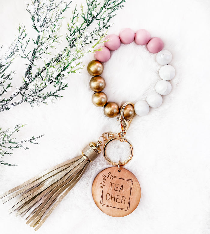 Trending Bright Pink & Ivory Bracelet Key Chain - Mama - Girl Mom - Teacher