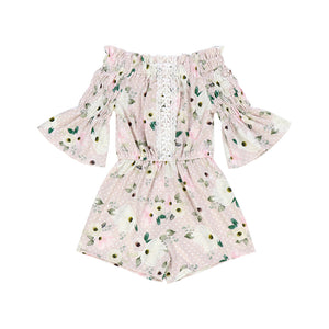 Kryssi Kouture Maisie Pink Polka Dot & Floral Off Shoulder Romper