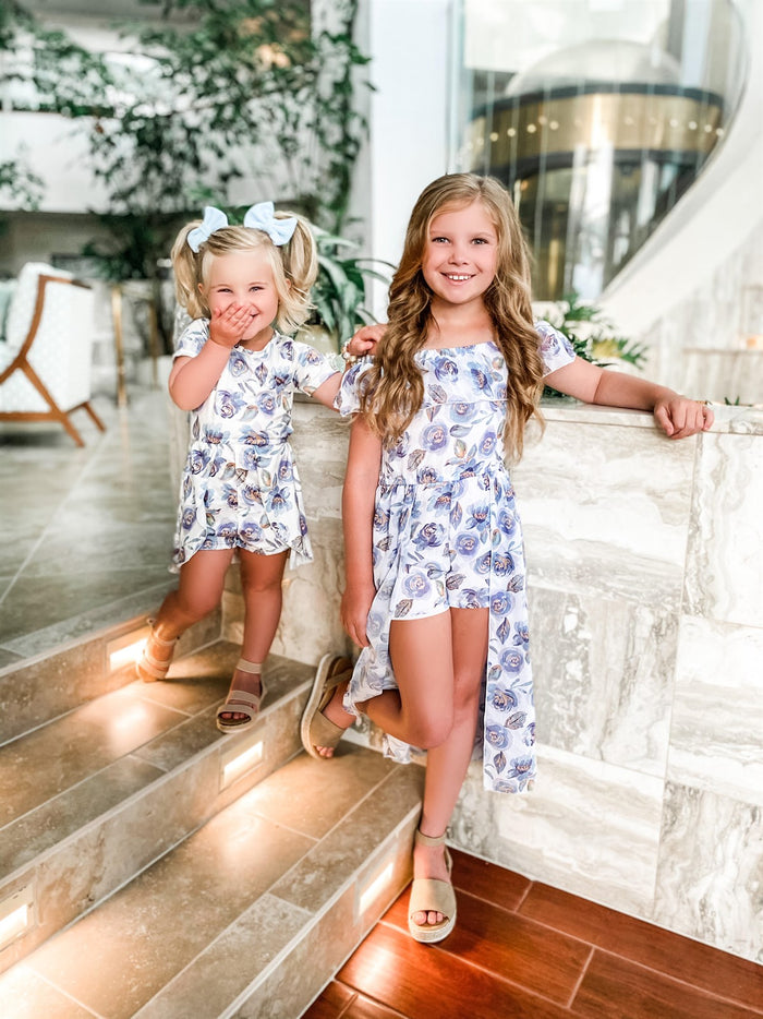 Purple Blue Floral Skirted Romper