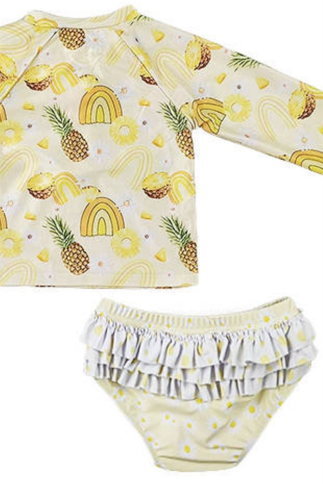 Yellow Pineapple Rainbow - 2 Pc Ruffle Bum - Long Sleeve Swimsuit