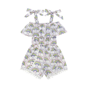 Magic Rainbow Pom Romper With Tie Shoulders