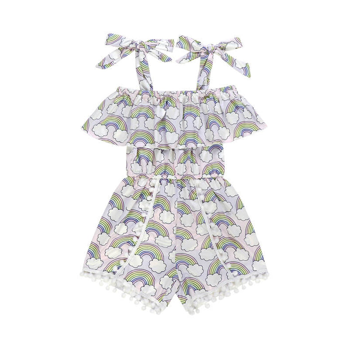 Magic Rainbow Pom Romper With Tie Shoulders