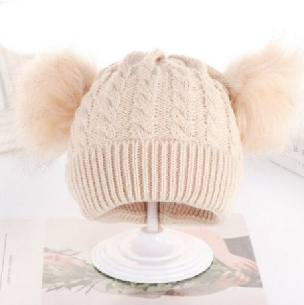 Kids Tan Cable 2 Pom Tan Faux Fur Pom Hat - 3