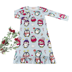 Girls Christmas Night Gowns - Penguins In Hats. Cartoon style penguins in hats, ear muffs, scarves, and sweaters