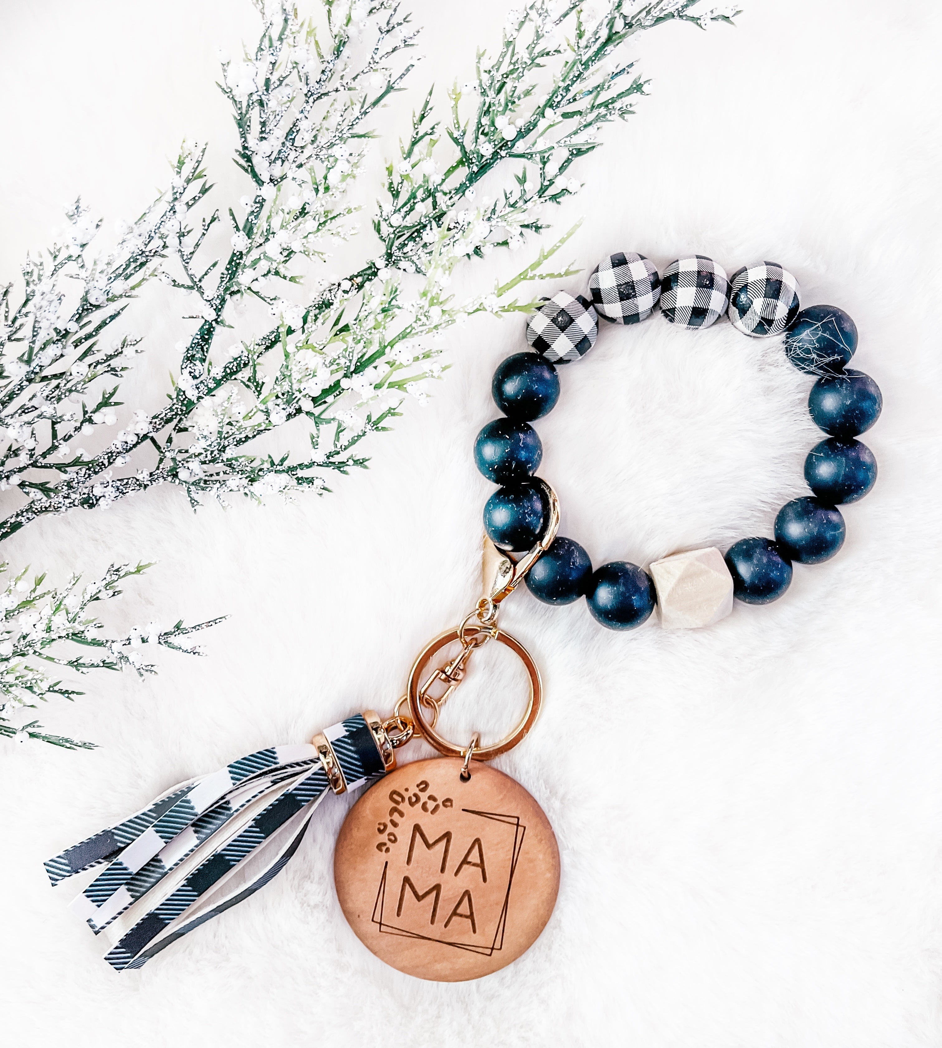 Trending Black Plaid & Solid Black Bracelet Key Chain - Mama