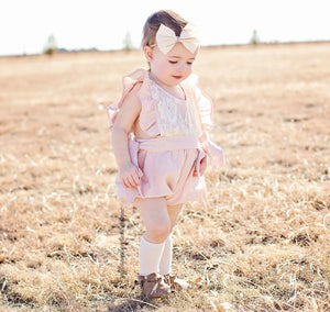 Baby Girls Elizabeth Dusty Pink Lace Ruffled Cap Sleeve Baby Romper/Jumper 