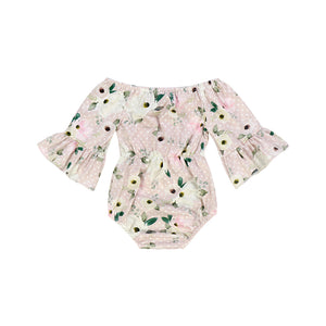 Kryssi Kouture Girls Maisie Pink Polka Dot Floral Bow Romper 2 Pc set