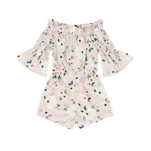Kryssi Kouture Maisie Pink Polka Dot & Floral Off Shoulder Romper