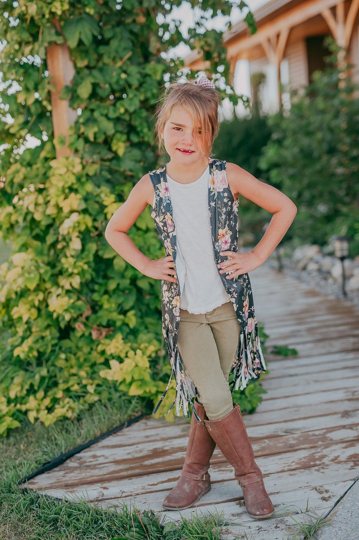 Black Floral Fringe Vest
