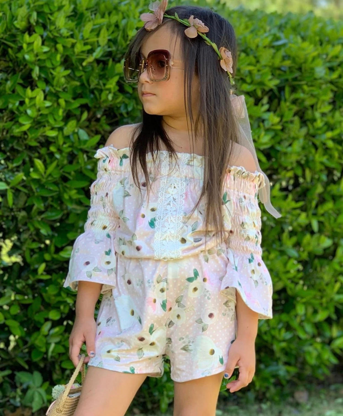Girls Over the Shoulder Blush Pink Vintage Floral Romper